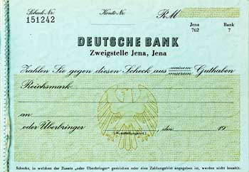 Tékkhefti frá Deutsche Bank, útibúinu í Jena, ávísanaeyðublað